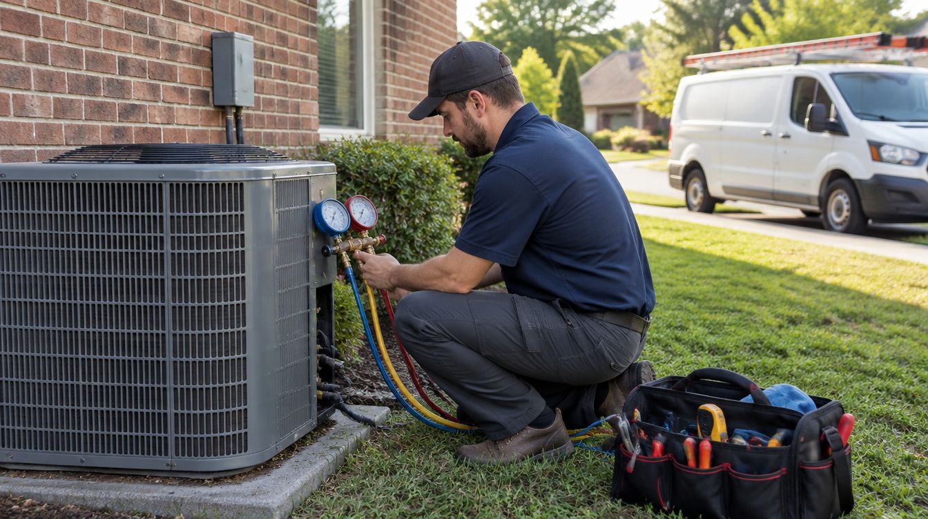An HVAC technician checking gauges on a home air conditioning unit
