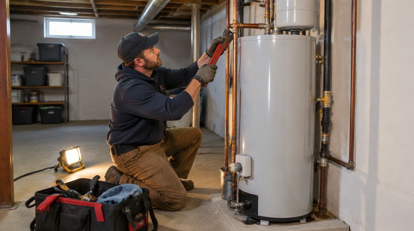 A plumber fitting the supply line on a new water heater in a basement