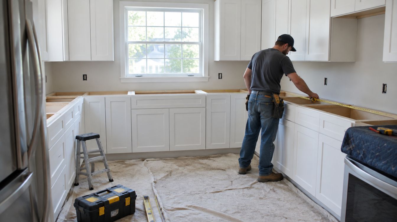 A contractor measuring new kitchen cabinets during a remodel