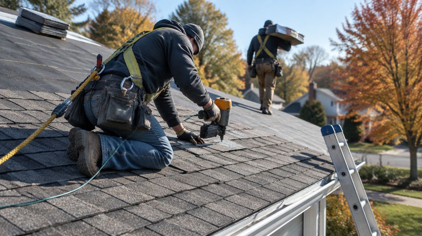 A roofer in a safety harness nailing new shingles on a suburban roof
